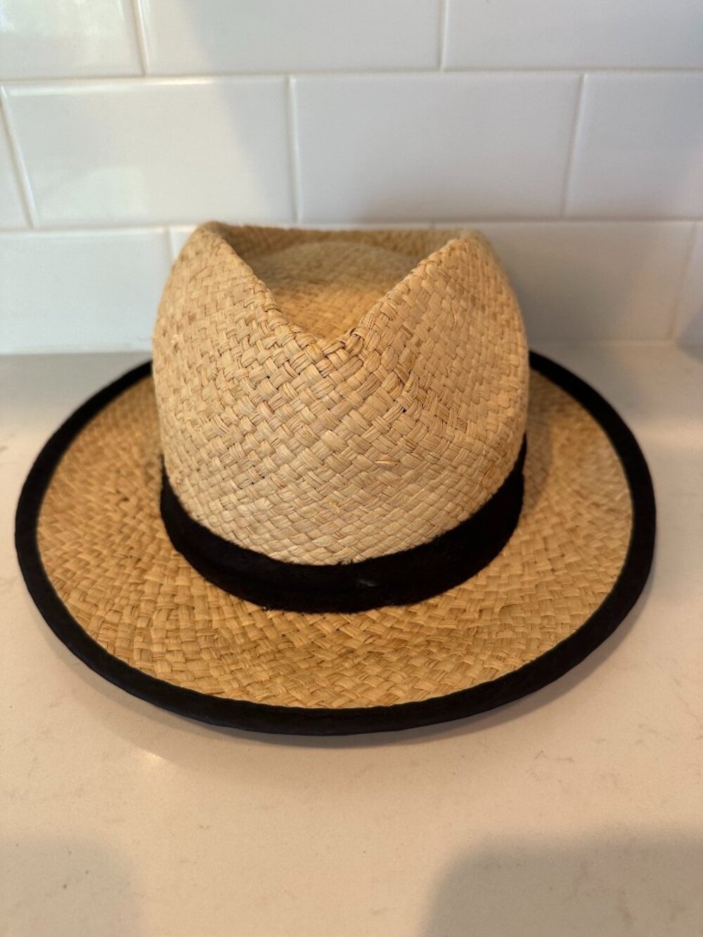 Women's Panama Jack Fedora Hat Woven Straw with Black Ribbon Accents One Size
